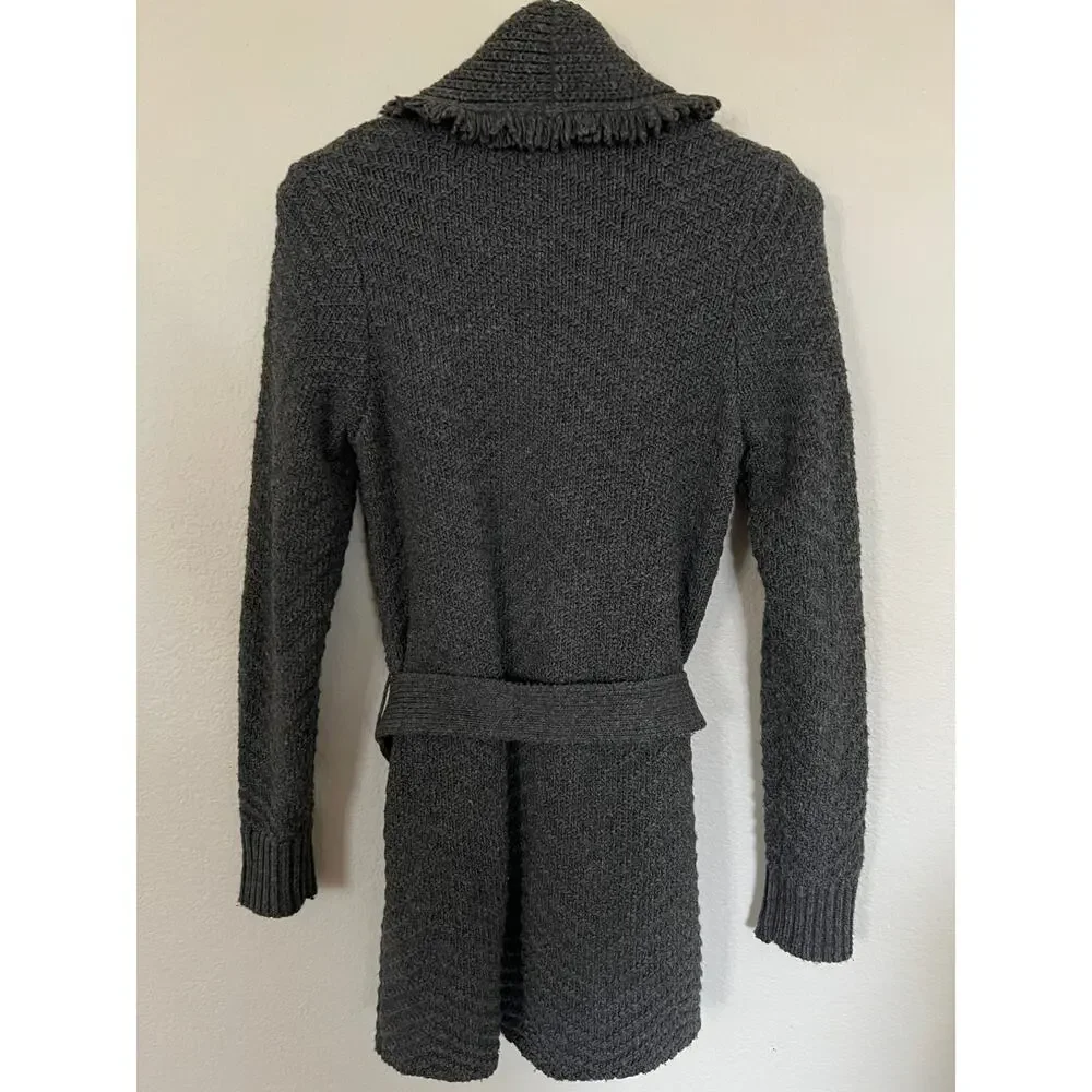 White House Black Market Fringe Shawl Sweater Coat Grey Pockets Belt Sz S